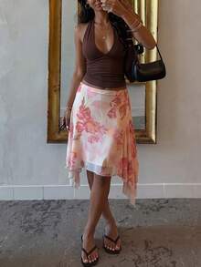 Aloruh Women's Floral Print Asymmetrical Hemline Skirt For Vacation - Baby Pink - View 3