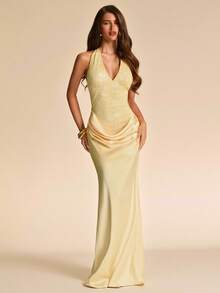 SHEIN BAE Spring Summer Pale Yellow Halter V-Neck Lace Patchwork Cinched Waist Ruched Draped Maxi Dress Gentle Sexy Casual Style For Beach Wedding Party Formal - Light Yellow - View 6