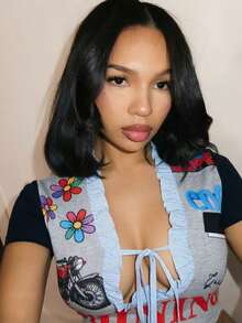 BamGleam 女款性感街頭風 2000s Y2K 綁帶汽車印花藝術字體 T-shirt，適合音樂節、演唱會、外出夜生活，灰色夏季款 - 灰色 - 查看 2