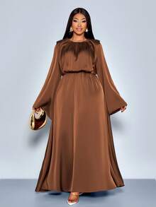 SOLERSUN Plus Size Women's Fashion Solid Color Satin Shiny Fabric Round Neck Elastic Waist Slimming Elegant Exquisite Loose High-End Temperament Light Luxury Long A-Line Big Flared Long Sleeve Dress, Maxi Dress, Daily Commuting All-Match Women's Clothing, New Style, Music Festival, Party, Birthday Party, Solid Color Dress, Christmas, New Year, Fall, Winter,Modest - Brown - View 3