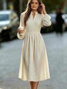Balvessa Đầm nữ màu mơ phong cách công sở, cổ đứng, chất liệu linen, chiết eo tôn dáng, tay bo chun - Màu be - Xem 7
