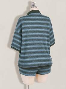 SHEIN ICON 大码女式条纹短袖T恤和短裤休闲套装 - 藍色 - 查看 10