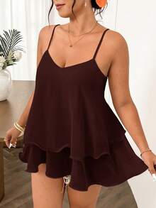 Lounesse Plus Size Women's Camisole Tank Top With Multi-Layer Ruffle Wave Design, Mid-Length, Versatile For Daily Wear, Vacation, Romantic Outings, Dates, Afternoon Tea, Apricot Color, Ins Style - Brown - View 6