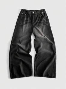 ROMWE MEN 男士刺繡圖案寬鬆牛仔短褲 - 黑色 - 查看 3
