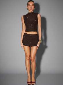 Hauture Sexy Summer Party Burgundy Red Mock Neck Hot Fixed Rhinestone Double Layer Mesh Tank Top - Brown - View 3