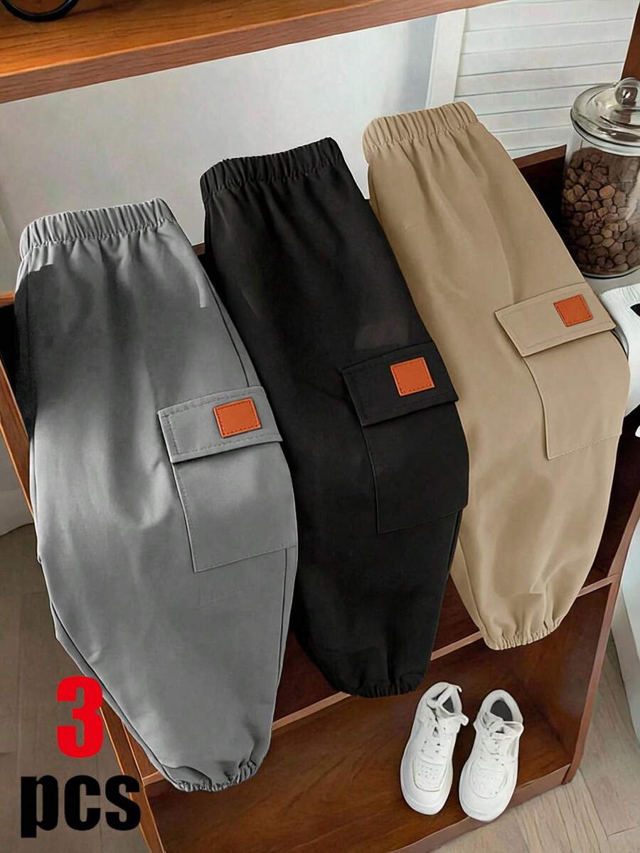 3件組兒童小男孩休閒運動學院街頭風可愛度假慢跑褲，綠色慢跑褲、黑色慢跑褲與卡其色慢跑褲，工裝褲，適合春夏秋冬、家庭聚會、開學季、婚禮季、運動、生日派對 - 彩色 - 查看 1