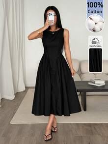 SHEIN PETITE Women's Solid Color Pleated Casual Party Dress - Black - View 6