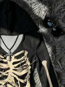 IslaSuriya Top noir, motif tête de mort, à la mode actuelle, Top Y2K, t-shirt à capuche pour femmes, style sombre, style gothique, automne/hiver - Multicolore - Voir 3