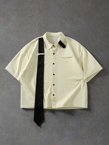 ROMWE MEN Men's Tie Patchwork Loose Short Sleeve Shirt - Apricot - View 1