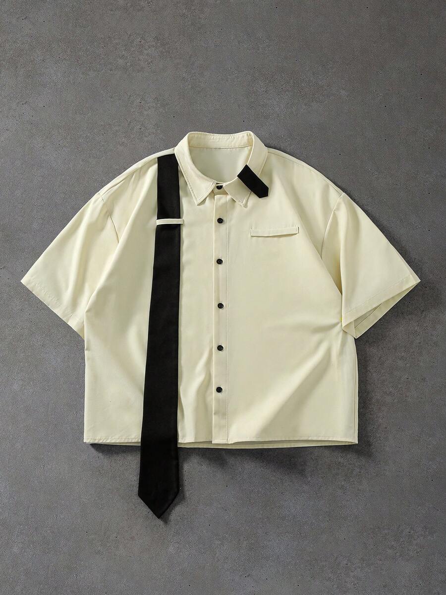 ROMWE MEN Men's Tie Patchwork Loose Short Sleeve Shirt - Apricot - View 1