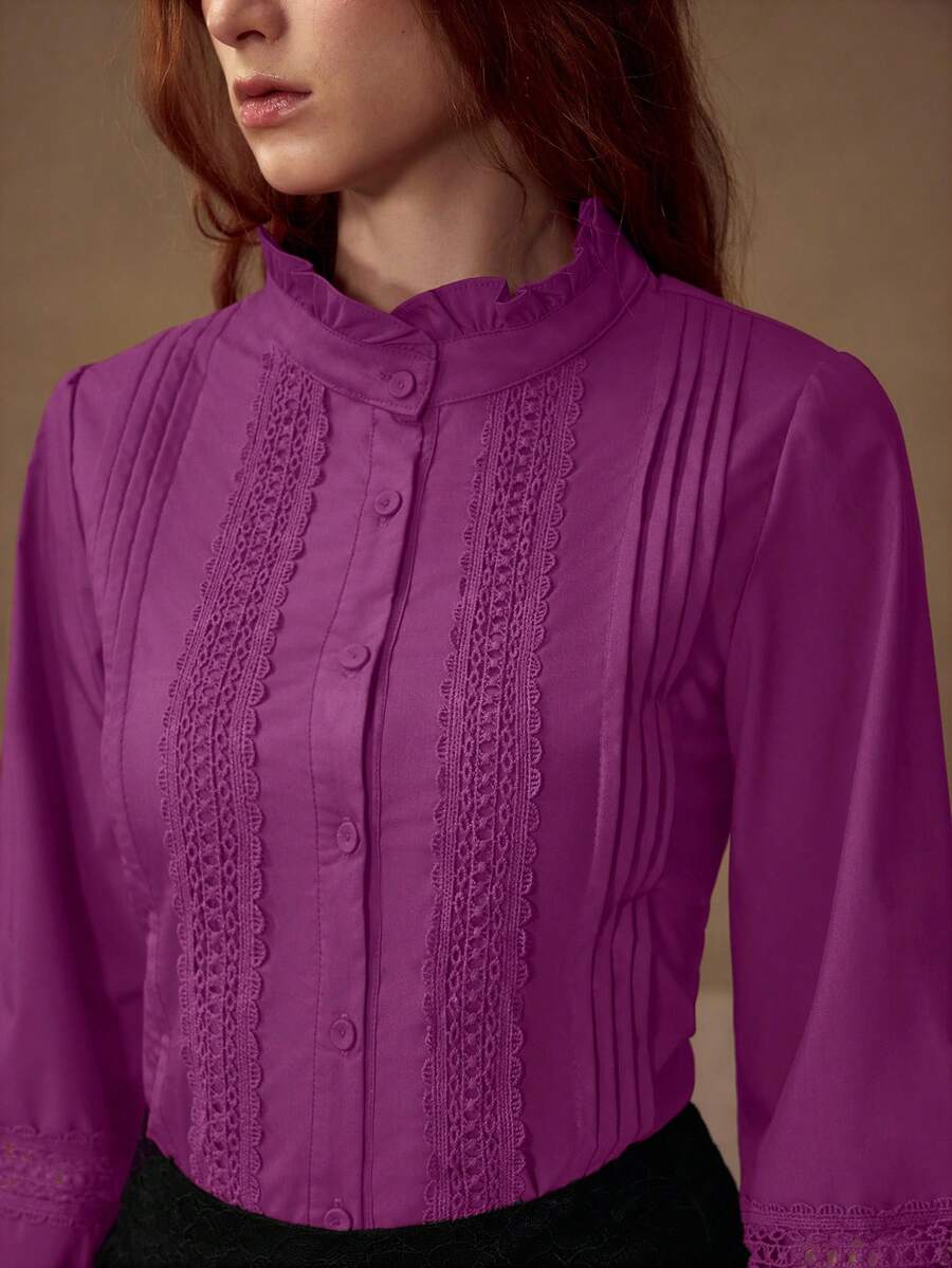 MOTF PREMIUM CONTRAST GUIPURE LACE BUTTON FRONT BLOUSE WOMEN SHIRT - Violet Purple - View 2