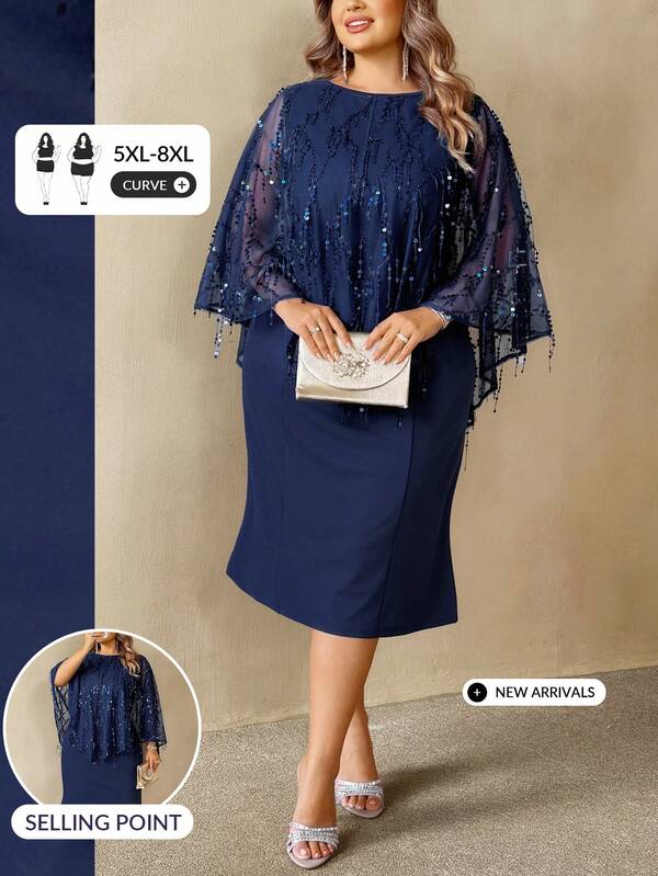 SHEIN CURVE+ Bộ 2 món thời trang nữ size lớn gồm váy màu trơn và áo lưới đính sequin