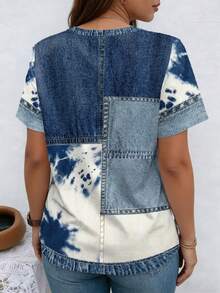EMERY ROSE Patchwork Pattern Twill Texture Round Neck Short Sleeve Casual Plus Size T-Shirt, Spring - Multicolor - View 2