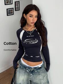 Coolane 女士冬季/秋季街头休闲比赛日返校休闲棉质撞色深蓝色圆领长袖 T 恤 - 彩色 - 查看 1