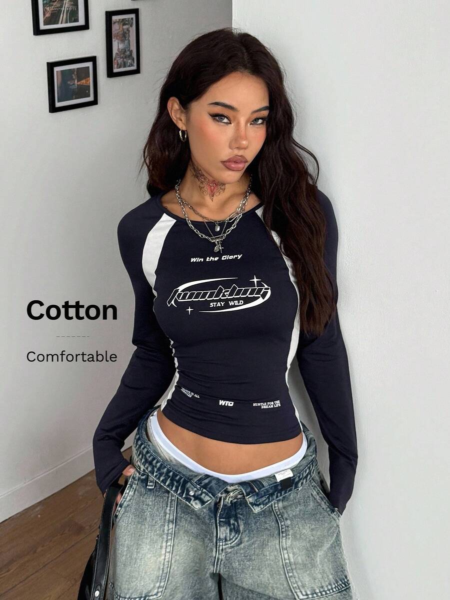 Coolane 女士冬季/秋季街头休闲比赛日返校休闲棉质撞色深蓝色圆领长袖 T 恤 - 彩色 - 查看 1