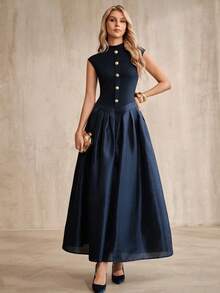 Anewsta Women's Navy Blue And Gold And Elegant Elegant Patchwork A-Line Dress Dinner Cocktail Summer - Navy Blue - View 2