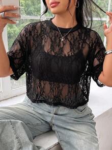 SHEIN EZwear 大尺碼女款刺繡優雅透視T恤，適合度假與派對 - 棕色 - 查看 1