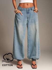 SHEIN BAE Celana Jeans Wanita Model Lentera dengan Desain Saku dan Motif Cuci, Cocok untuk Perjalanan Sehari-hari, Celana Kerja Wanita Musim Gugur - Light Wash - View 1