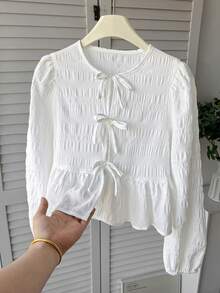 SHEIN 少女休閒極簡舒適圓領長袖蝴蝶結綁帶紋理布料襯衫返校穿搭 - 白色 - 查看 4