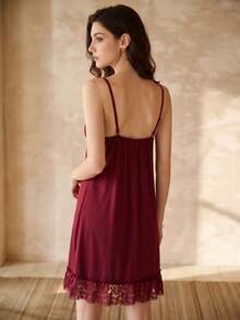 MOTF PREMIUM LADIES' SEXY BOW DECORATION SOFT & COMFORTABLE LACE SPLICE CAMISOLE SLEEPWEAR DRESS, FOR CHRISTMAS - Burgundy - View 5