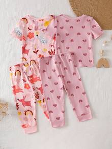 SHEIN Vintaside Kids 4件套女婴针织圆领短袖裤套装，卡通可爱花卉、植物、动物、狗狗、彩虹印花，浅粉色和粉粉色组合，休闲简约舒适紧身室内睡衣，夏季 - 粉色 - 查看 2