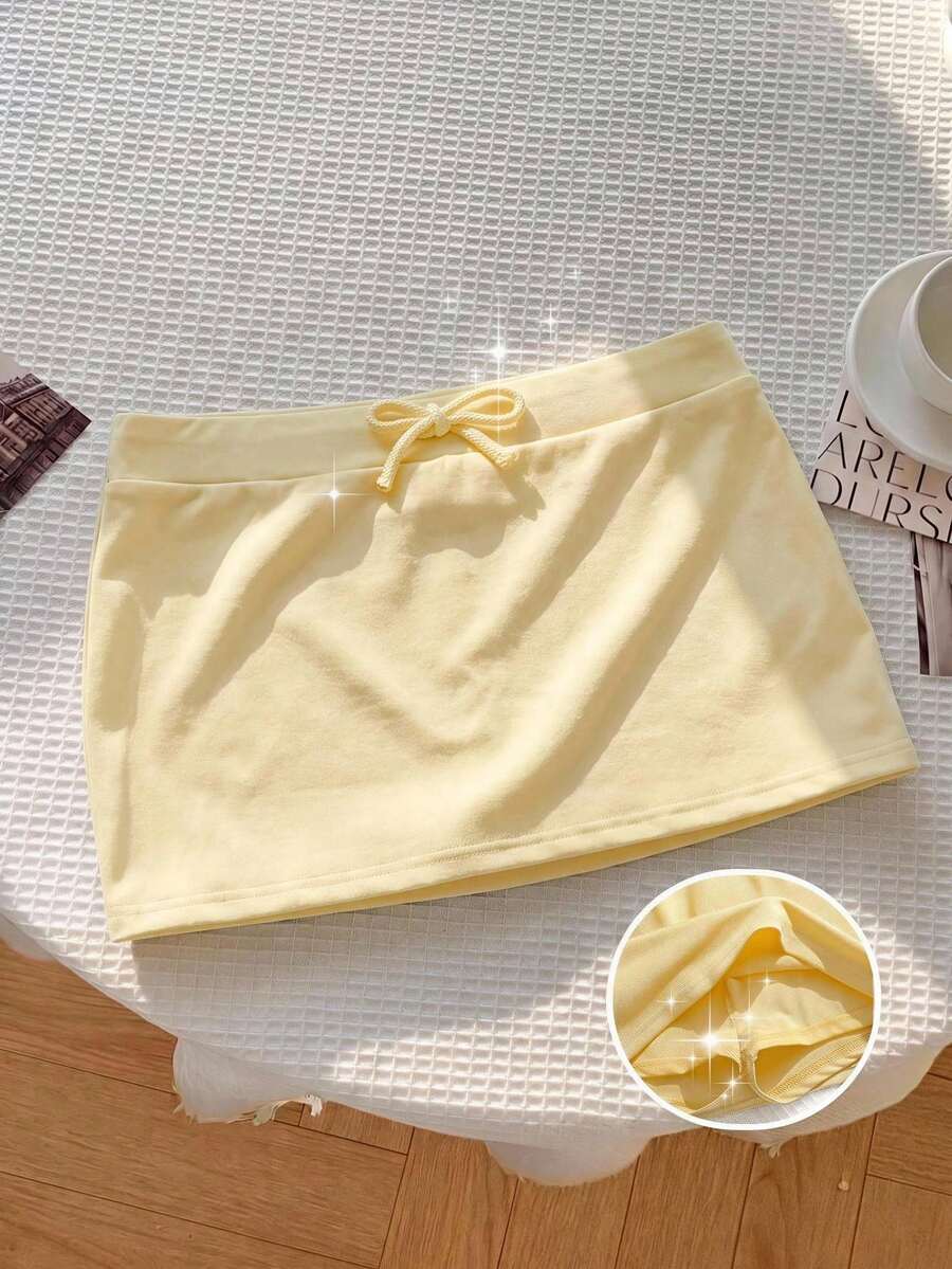 SHEIN Teen Girl Teen Girls Knitted Solid Color Drawstring Casual Fitted Mini Skirt, Versatile For Outings - Yellow - View 1