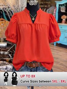 SHEIN CURVE+ Women's Spring/Summer Stand Collar Puff Sleeve Elegant Short Sleeve Blouse, Suitable For Dates, Commuting, Hanging Out With Friends - Burnt Orange - View 1