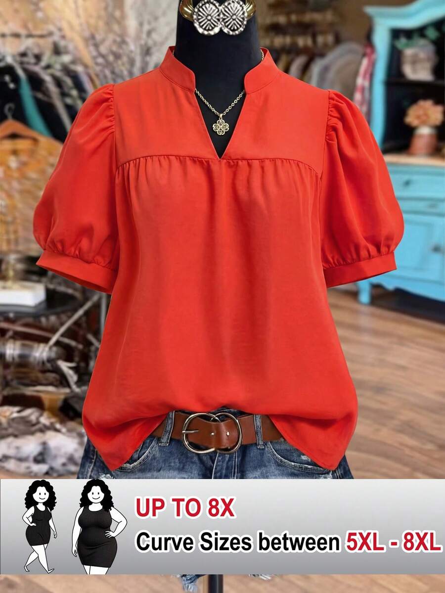 SHEIN CURVE+ Women's Spring/Summer Stand Collar Puff Sleeve Elegant Short Sleeve Blouse, Suitable For Dates, Commuting, Hanging Out With Friends - Burnt Orange - View 1