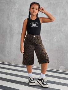 SHEIN Explorewe Tween Girl 新款夏季街头风复古豹纹宽松直筒阔腿七分裤 - 彩色 - 查看 3