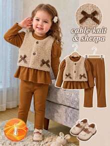SHEIN Vintaside Kids 女嬰簡約時尚紅色純色洋裝、背心外套與長褲組合套裝 - 棕色 - 查看 3