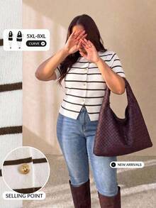 SHEIN CURVE+ Plus Size Women's Black And White Short Sleeve Single-Breasted Casual Nice Elegant Knit Cardigan Teachers' Day Evening Formal Office Summer - Multicolor - View 1