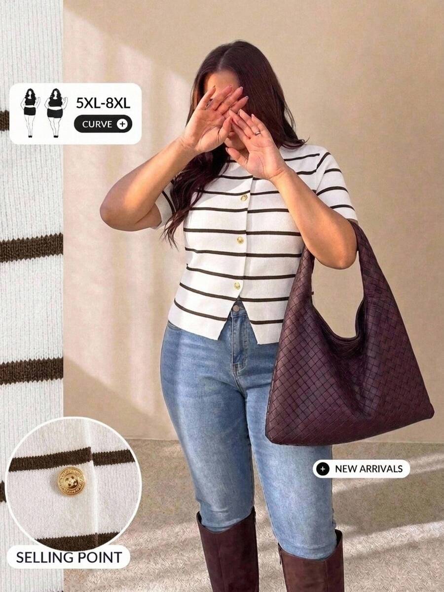 SHEIN CURVE+ Plus Size Women's Black And White Short Sleeve Single-Breasted Casual Nice Elegant Knit Cardigan Teachers' Day Evening Formal Office Summer - Multicolor - View 1