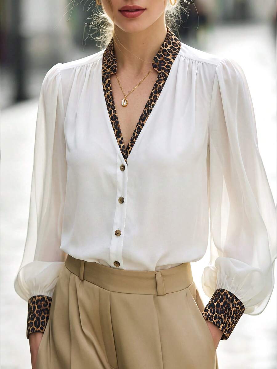 Balvessa Elegant Spring Contrast Color Leopard Print Trim Shirt, Lapel V-Neck Lantern Sleeve Gold Button Casual Office Top - White - View 1