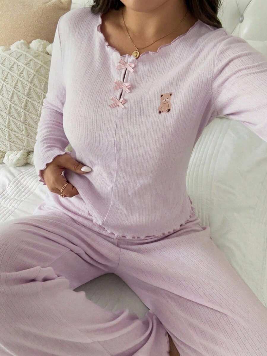 Dazy Plus Cartoon Print Bow Long Sleeve Top & Pink Long Pants 2-Piece Pajama Set, Spring/Autumn - Pink - View 1