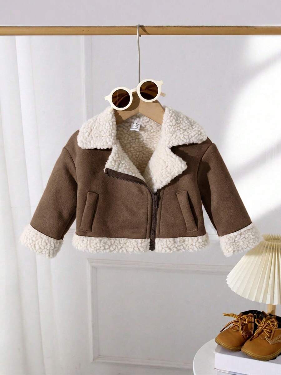 SHEIN Mommy And Me 卡其色保暖内衬拉链翻领夹克,适合户外、派对、雪地玩耍、秋冬季 - 棕色 - 查看 1