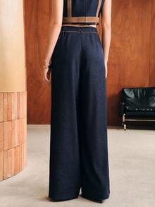 Anewsta Women's Autumn/Winter Modern Casual Blue Suit Pants With Color Block Patchwork - Blue - View 7
