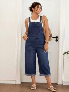 Lounesse Plus Size Dark Wash Denim Capri Overalls, Side Button Detail Cuffed Raw Hem Loose Wide Leg Cropped Jumpsuit,Summer,Fall,Halloween,Back To School,Beach - Blue - View 4
