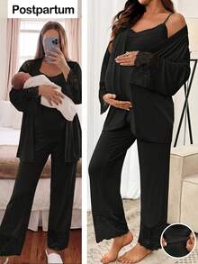 Slowluna Maternity Solid Color Contrast Lace Long Sleeve Robe, Camisole And Pants Set Fall - Black - View 1