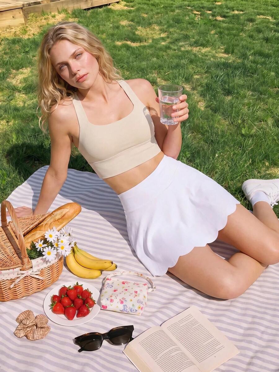 Glamine Charm White Petal Hem Skort Sport Skirt With Compression Shorts, Pocket And Breathable Material For Badminton, Tennis, Yoga - White - View 1