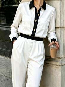 Elenzga Women's Contrast Color Long Sleeve Top & Pants 2 Pieces Set, Commuter Workwear - Black and White - View 1