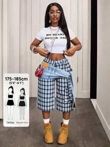 SHEIN Tall 女款格紋雙腰時尚百搭日常休閒牛仔褲 - 藍色 - 查看 1