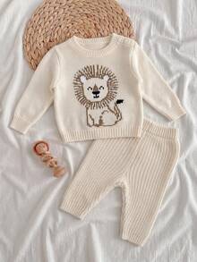 SHEIN Kids Kids Newborn Cartoon Pattern Sweater & Knitted Autumn Winter Pants Set Neutral Baby - Apricot - View 4