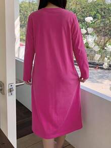 Dazy Plus Letter Print Striped T-Shirt Loose Fit Plus Size Women Spring Summer Loungewear Nightgown - Hot Pink - View 6