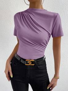 Allurite 夏季休閒純色抓皺修身 T-shirt - 淡紫色 - 查看 3