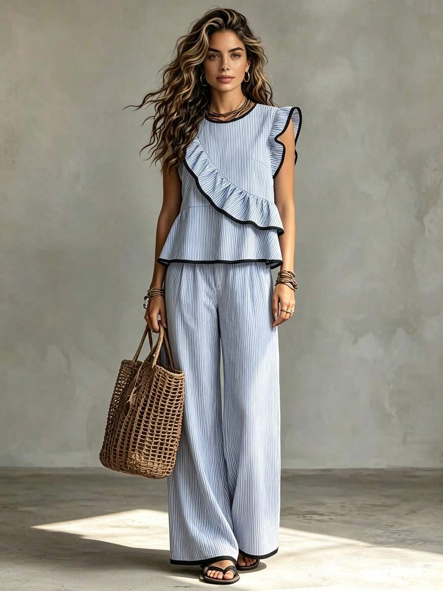 Franclia 女款藍白條紋夏季優雅海濱風兩件套,荷葉邊圓領上衣搭配鬆緊腰直筒長褲,休閒度假風 - 藍色 - 查看 1