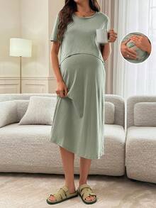 Slowluna Maternity Solid Color Nursing Function Casual Daily Wear Dress - Green - View 6
