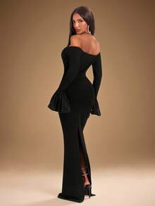 Radiana Women's Sexy Elegant 3D Puff Sleeve Cold Shoulder Black Long Fitted High Elastic Ribbed Knit Dress, Date Dinner Night Party Banquet Evening Ball Autumn - Black - View 5
