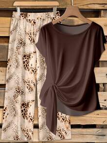 SHEIN LUNE Setelan 2 Potong Wanita: Celana Panjang Lurus Longgar dengan Pita dan Blus Polos dengan Motif Leopard - MultiWarna - View 1