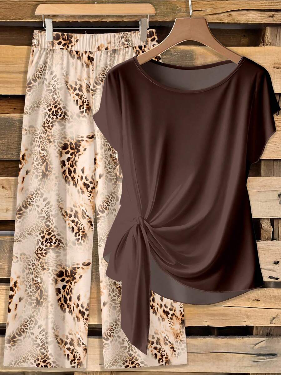 SHEIN LUNE Setelan 2 Potong Wanita: Celana Panjang Lurus Longgar dengan Pita dan Blus Polos dengan Motif Leopard - MultiWarna - View 1