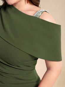 Coutiva Plus Size Women's Solid Color Asymmetrical Neck Short Sleeve Ruched Fishtail Hem Elegant Formal Evening Gown - Olive Green - View 6